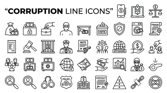 Corruption line icons set bribery, fraud, money laundering, and illegal activities