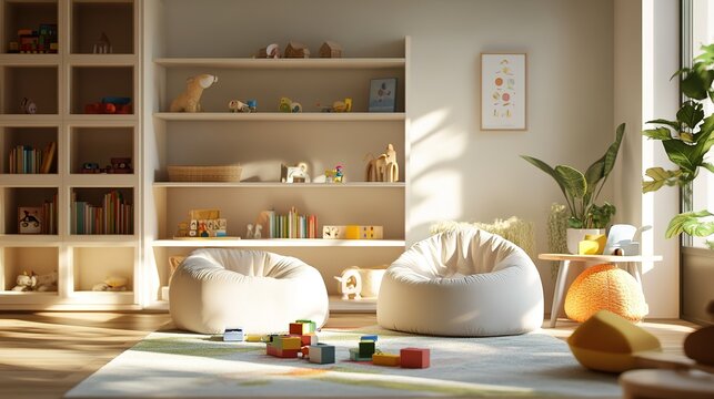 Modern sunlit playroom with bean bag chairs and wooden toys