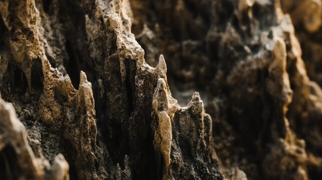 Jagged rock formations with rough textures create an interesting landscape