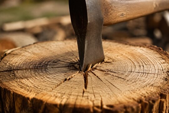 Axe blade embedded in center of round log, close-up impact point, outdoor light, wood grain detail.