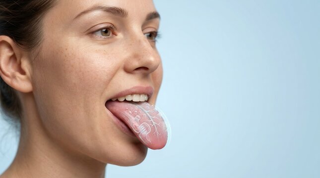 Close-up profile of a woman extending her tongue with a digital visualization of taste buds and sensory receptors