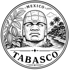 Obraz premium Olmec head and cocoa pods in Tabasco, Mexico emblem, vintage ill