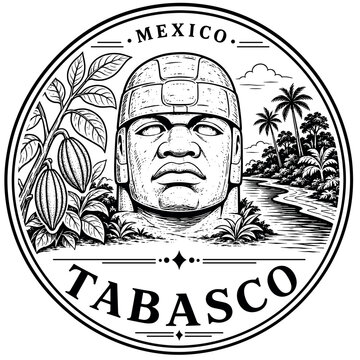 Olmec head and cocoa pods in Tabasco, Mexico emblem, vintage ill