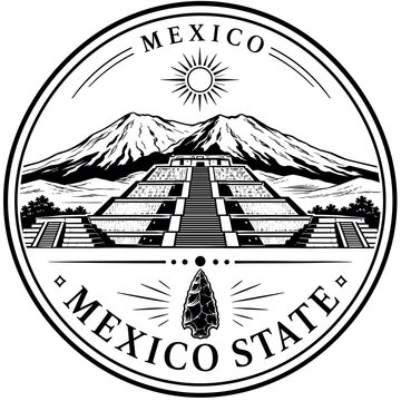 Mexican Coat of Arms featuring pyramids, volcanoes, sun, and arr