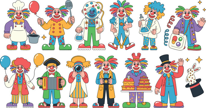 Cute cartoon circus clown character set wearing different professional uniforms like chef scientist painter musician magician and 