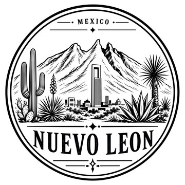 Nuevo Leon Mexico Emblem with Desert Landscape and Mountains