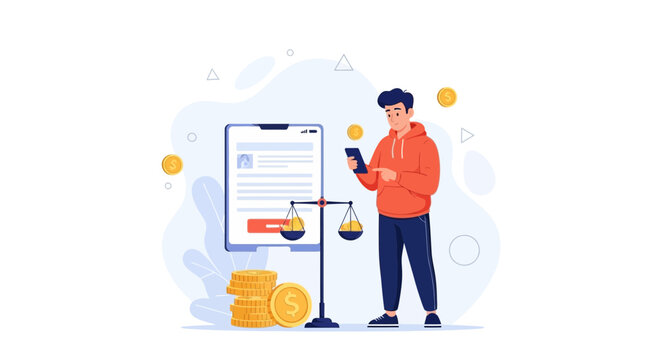 Man Using Mobile App for Financial Balance and Investment Management with Digital Scales and Coins