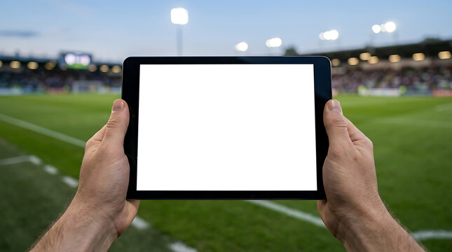 Hands holding black tablet with blank white screen in a football sports stadium background