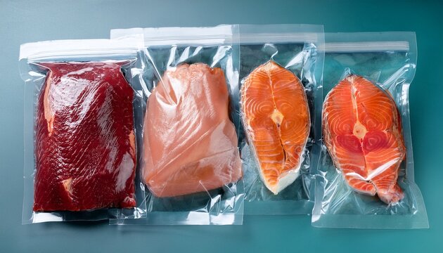 beef chicken and salmon in vacuum plastic bag for sous vide cooking