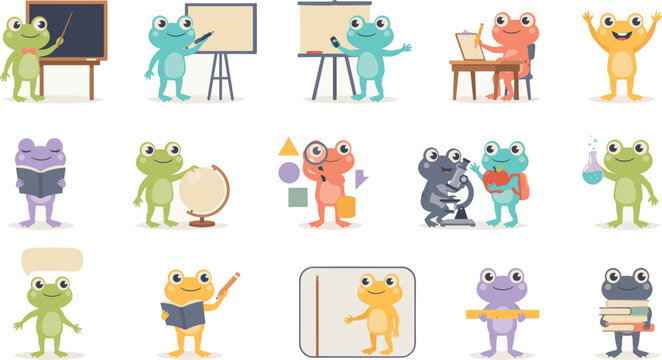 Cute cartoon frog character education vector icon set featuring funny colorful frogs teaching, reading books, studying, presenting, and holding school supply elements.
