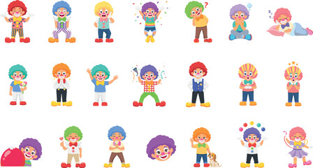 Fototapeta premium Cute colorful clown character set displaying various emotional expressions poses birthday party actions and circus entertainment vectors