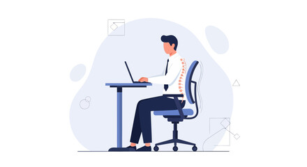 Fototapeta premium Man with poor posture using laptop at desk, highlighting spinal health and ergonomic issues in modern office work.