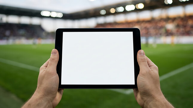 Hands holding black digital tablet with mock up blank screen at football stadium