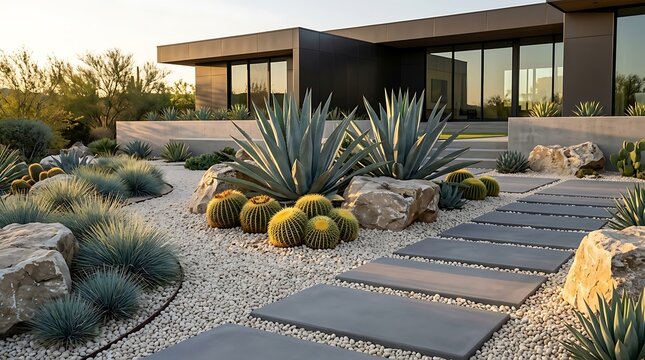 Modern house with desert landscape garden and stone path in the backyard. low-water garden designs