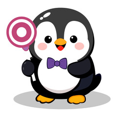 Fototapeta premium Cute penguin cartoon holding target sign with purple bow tie and happy expression