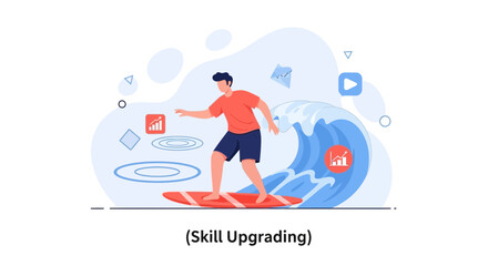 Obraz premium Surfer Riding Wave, Symbolizing Skill Upgrading and Business Growth