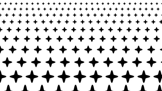 Monochrome halftone pattern featuring gradient star shapes of varying sizes, simple black and white geometric design for minimalist graphic texture and print layout.