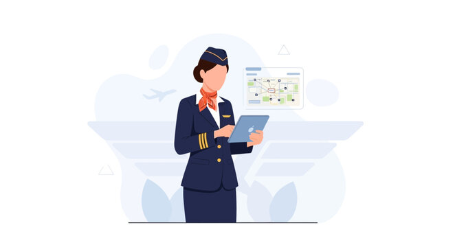 Professional flight attendant in uniform holding a tablet, with flight plan map on display, modern flat vector illustration.