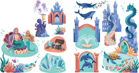 Fototapeta premium Fantasy underwater kingdom vector illustration set featuring mystical mermaid princesses majestic sea castle palace ocean animals treasure chest and mythical dragon elements.