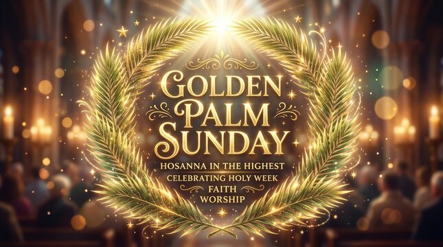 A golden wreath of palm leaves encircles the words "Golden Palm Sunday" and "Hosanna in the Highest.