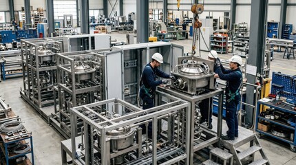 Fototapeta premium Modular centrifuge system being assembled with visible components and technicians working emphasizing adaptability and scalable design.