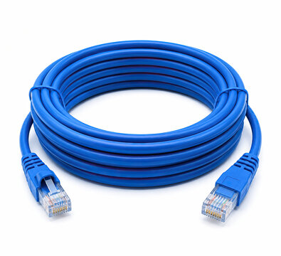 Blue ethernet network cable coiled for computer and internet connection isolated on white background