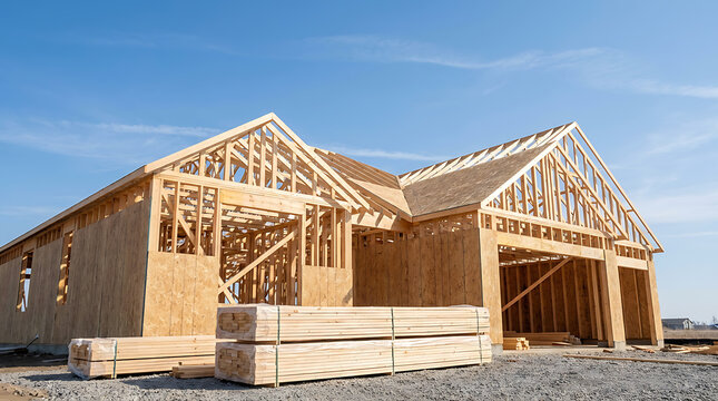 New residential house construction with wood framing and plywood sheathing on a sunny day.