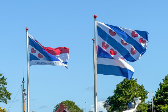 Nahaufnahme friesischer Flaggen im Wind &uuml;ber dem Hafen, Heeg, Friesland, Niederlande