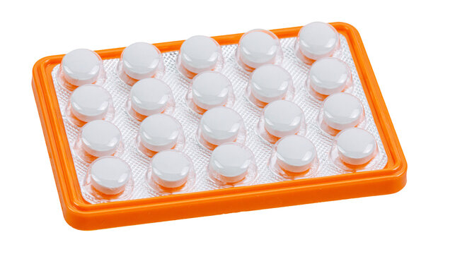 Orange pill dispenser with multiple white round tablets, isolated on transparent background