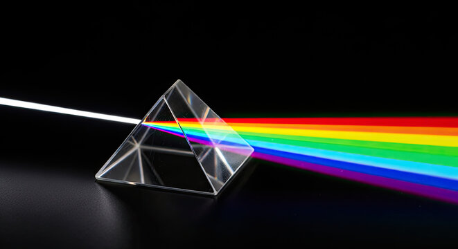 A triangular prism refracts white light into a vibrant rainbow spectrum. The prism sits on a dark, reflective surface, creating a dramatic contrast between the bright colors and the black background.
