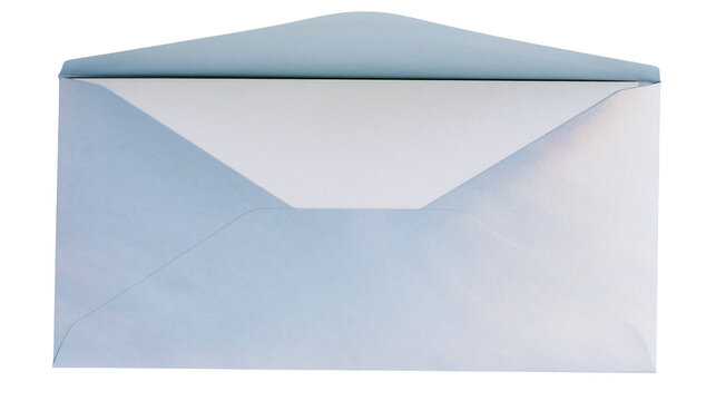 Open light blue paper envelope with white paper insert, isolated on transparent background