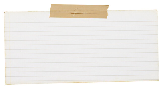 Blank lined paper note attached with brown tape, isolated on transparent background