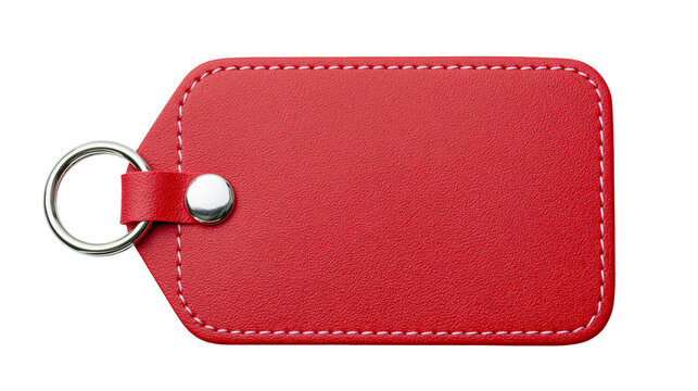 Red leather rectangular keychain tag with silver ring and snap, isolated on transparent background