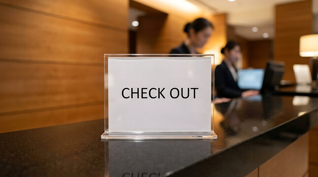 Hotel front desk staff assisting guests with the check out process at the counter