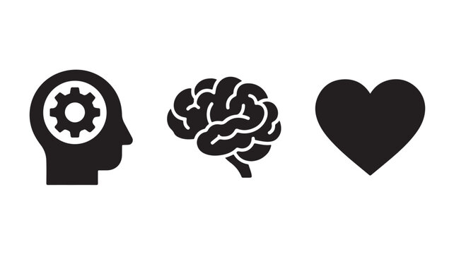 Black icons of a thinking head with a gear, a brain, and a heart on white background