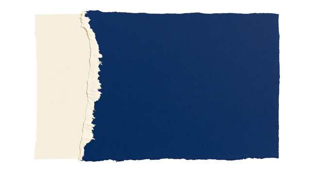 Torn cream paper overlapping a dark blue textured paper, isolated on transparent background