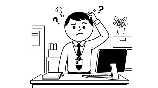 Confused businessman at office desk.
