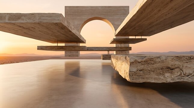 Minimalist architectural concept showing suspended stone slabs forming abstract archway floating above smooth concrete surface against golden desert horizon sky.