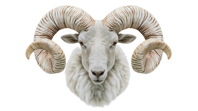 White ram with large curved horns, isolated on transparent background