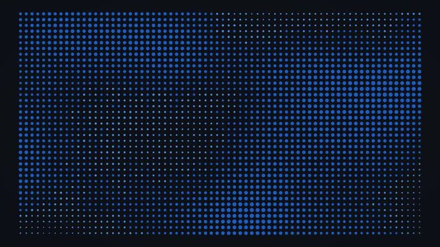 Halftone pattern of blue circles on a dark surface, gradient grid design with varying dot sizes for modern visual texture and abstract graphic design elements.