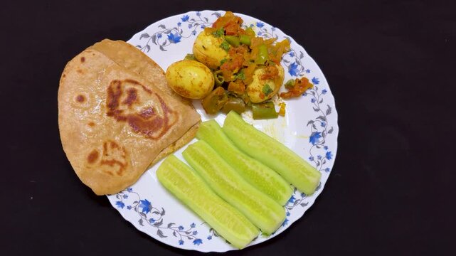 Healthy Indian Breakfast Plate With Egg Masala Roti and Cucumber slice