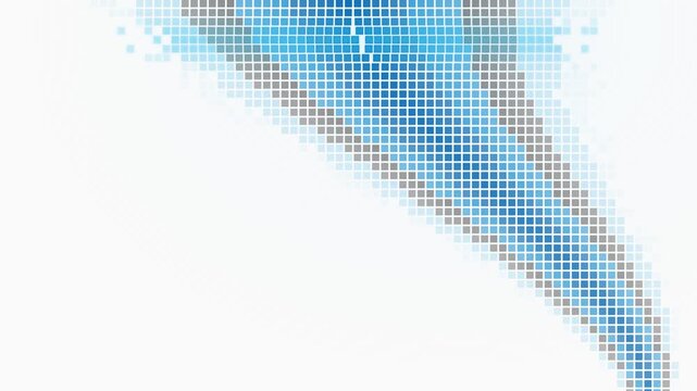 Abstract pixel pattern flowing diagonally across a white surface. Gradated blue squares transitioning into grey borders, geometric mosaic texture, clean minimalist design.