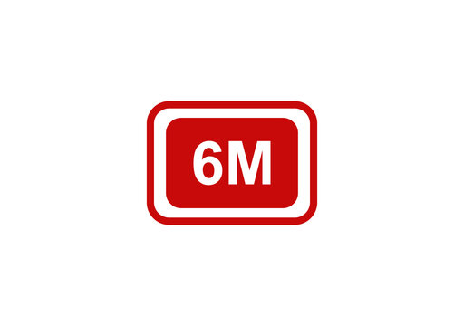 Red rectangular badge icon with white 6m text label for six months duration or subscription plan marketing sign isolated on transparent background