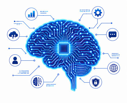 Blue digital brain icon with circuit board lines for artificial intelligence isolated on white background