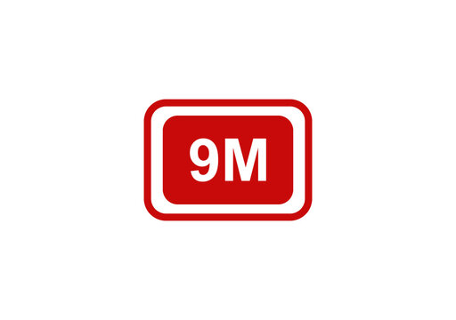 Red rectangular badge icon with white 9m text symbol for marketing and social media follower count milestone indicator isolated on transparent background