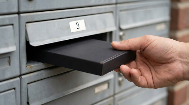 Person placing a black cardboard parcel into a metal apartment mailbox, representing parcel delivery and online shopping logistics.