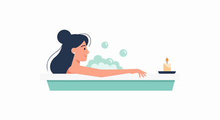 Obraz premium Vector Illustration of a Young Woman Relaxing in a Bubble Bath with a Lit Candle, Self-Care and Wellness Concept