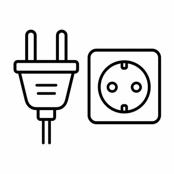 Black and white electric plug and power outlet line icon set isolated on white background