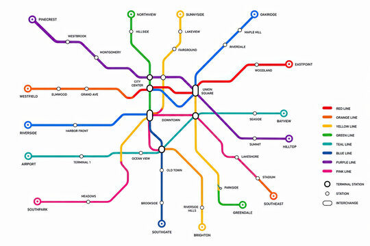 Colorful metro subway map with various city lines and station stops isolated on white background