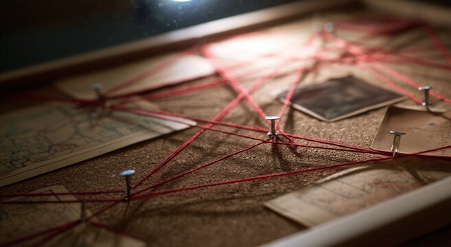 Discovering connections on a cork board with maps and photographs using red string and push pins